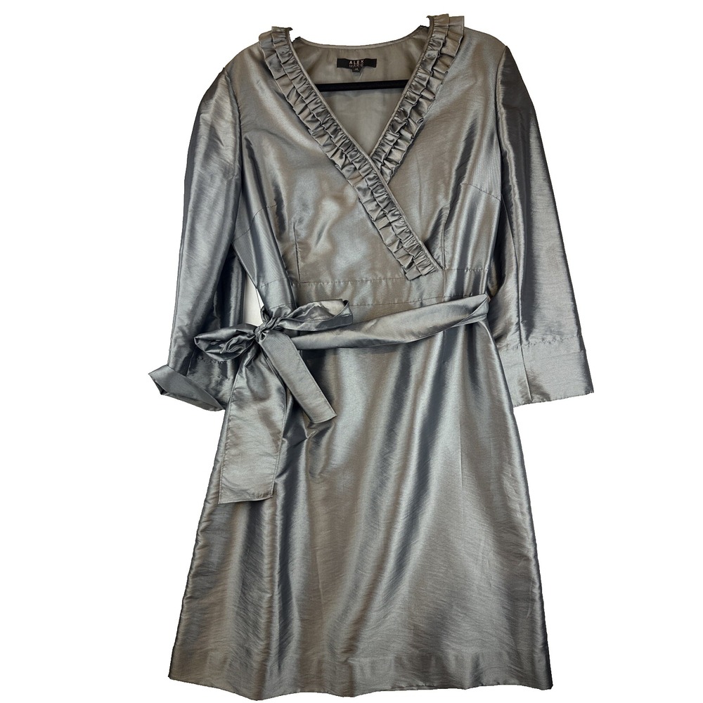 Alex Marie Size 14 Silver Metallic Wrap Dress Ruffle Trim Tie Waist Cocktail